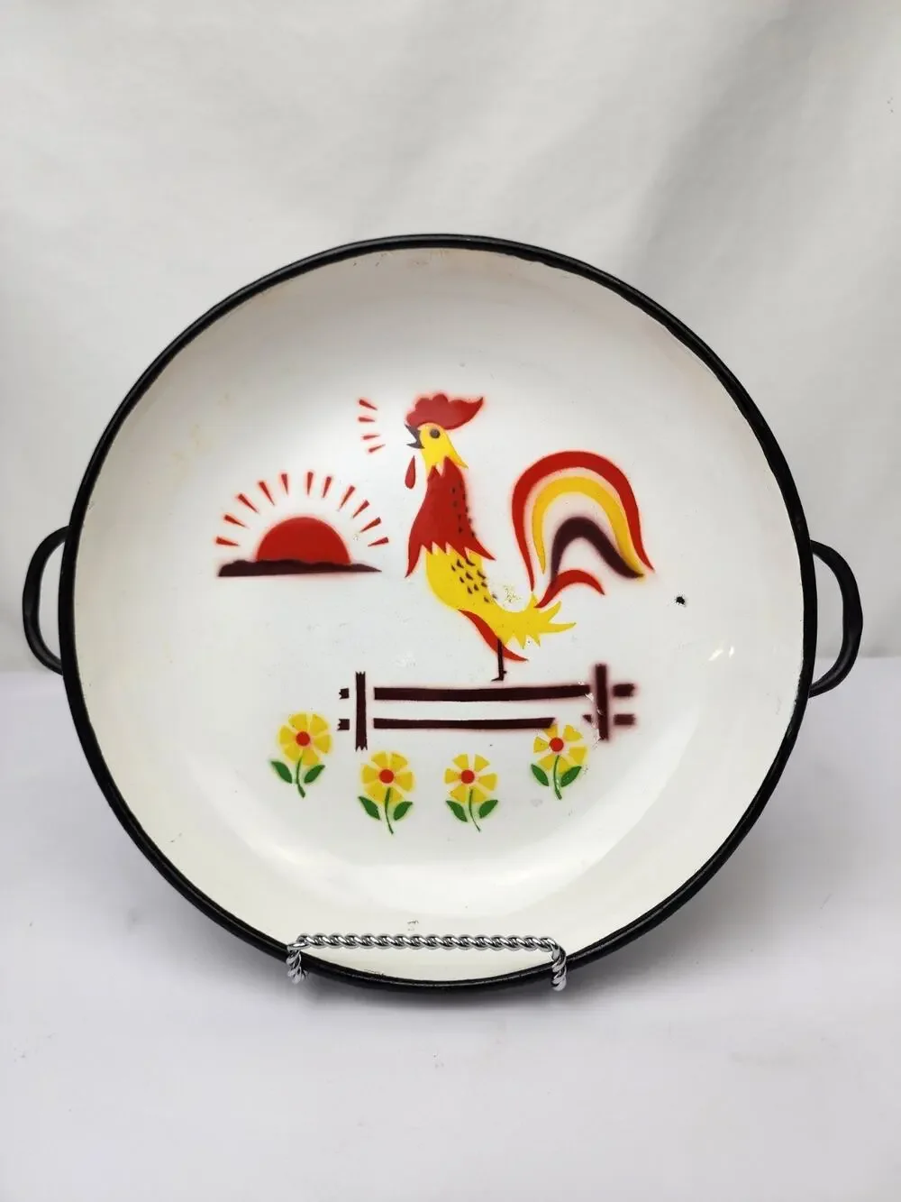 Graniteware Enamel Rustic Rooster 2 Handle Pan Decorative 10” x 1.5